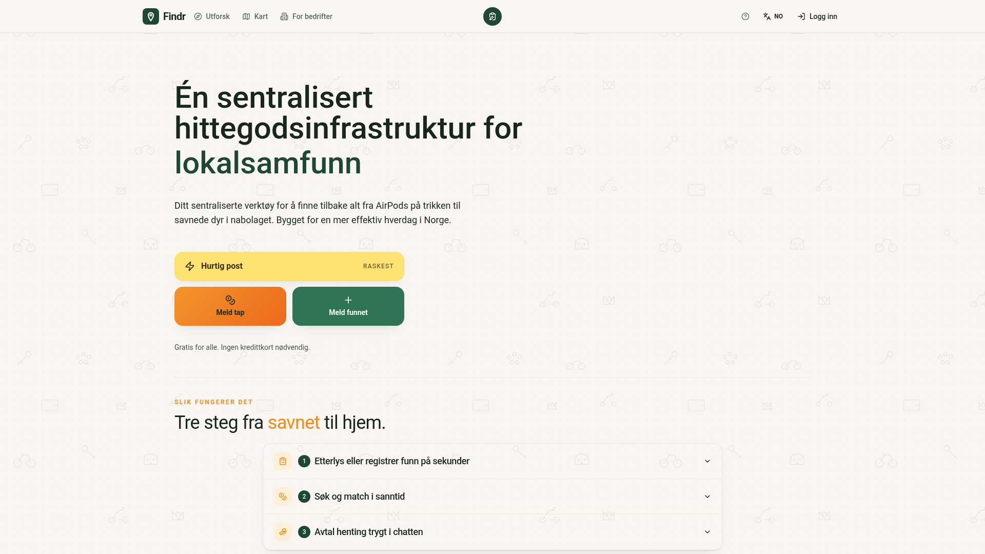 Førstesiden til Findr med snarveier for å melde savnede og funne gjenstander
